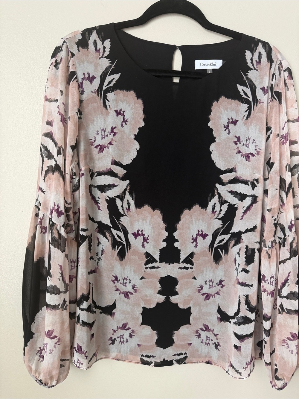 Calvin Klein Black Blouse with Soft Pink and Mauve Floral Print - Picture 9 of 11